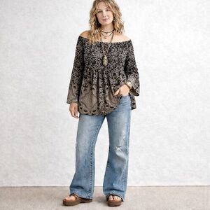 Y2K Liz Wear Babydoll Top Ruffle Neck Boho Fairy Floral Paisley Print XXL